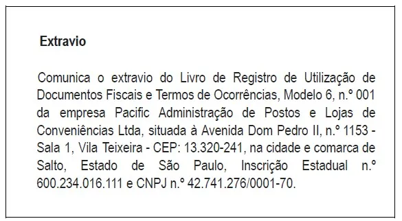 Extravio de Livro de Registro